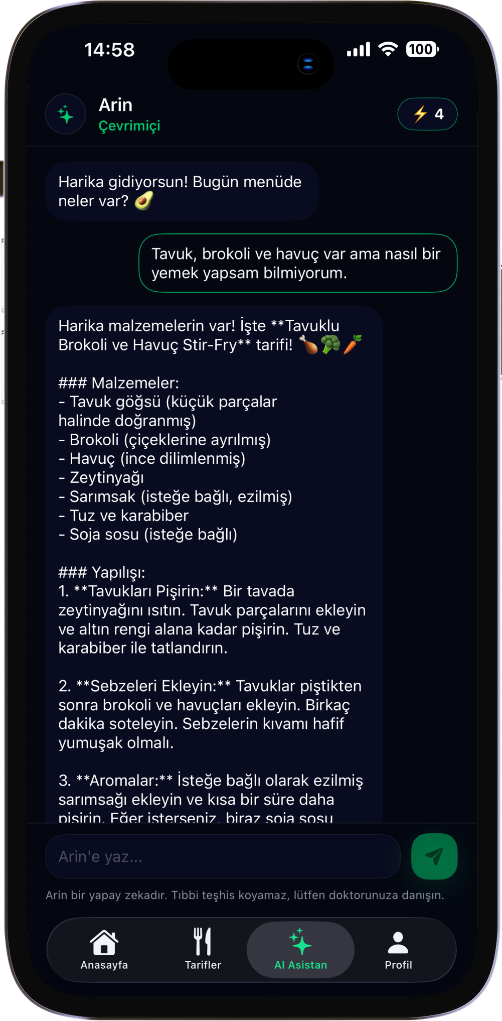 Arin Yapay Zeka Diyetisyen Sohbet Ekranı